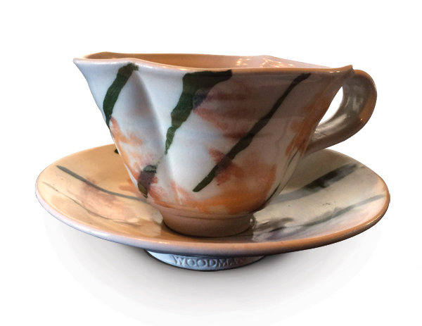 Martin Kim’s mix-and-match cup-and-saucer set made by Betty Woodman, ca. early 1970s.