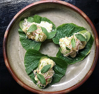 The Dutch Chef Jason Hua’s Wasabi Leaf Catfish Tacos, served on Herold’s wood-fired deep plate.