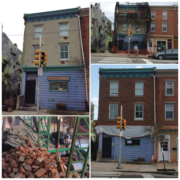 Clockwise from the top left: the old façade, removing the stucco, preparations for and removal of the worn-out bricks.