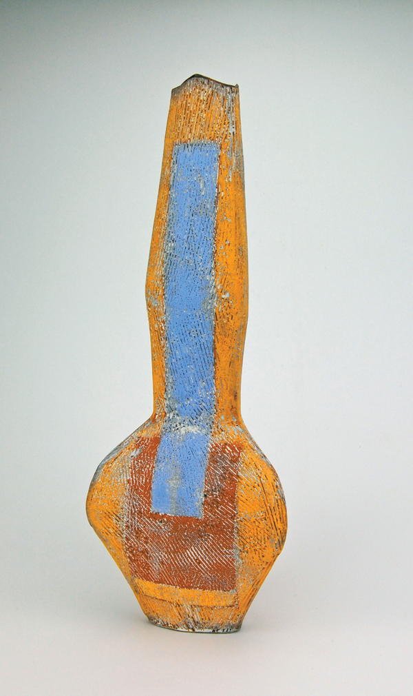 28 Vase, 14 in. (36 cm) in height, terra cotta, terra sigillata, underglaze, sandblasted, glaze, fired to cone 04 in oxidation, 2016.