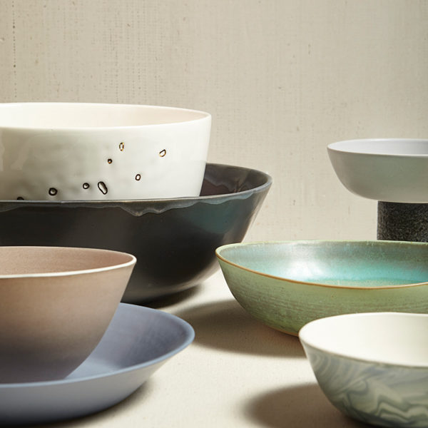 A variety of bowl forms and glazes made by Felt+Fat. Photo: John Bernardo.