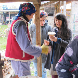 3 Egle Paksyte, wood-kiln technician with resident Livia Baldanza and Project Networker Kanami Takeda unloading the wood kiln at the ICRC.