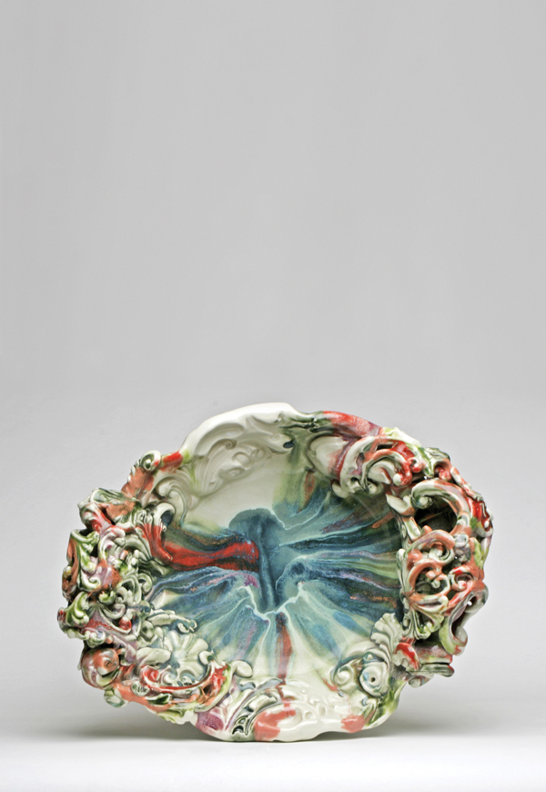 Joyce St.Clair's Serving dish, 16 in. (41 cm) in length, porcelain, underglaze, oxidation fired to cone 6, 2014.