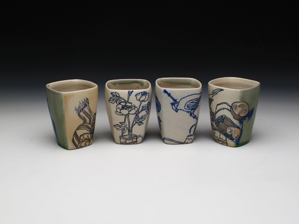 7 Cups from the Still Life series showing all four sides, porcelain, slip, glaze, 2014.