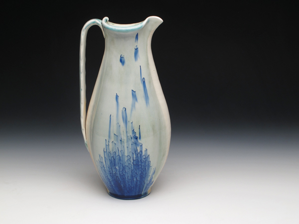 9 Pitcher from the Talking series, porcelain, blue slip inlay, glaze, soda fired to cone 6, 2014.