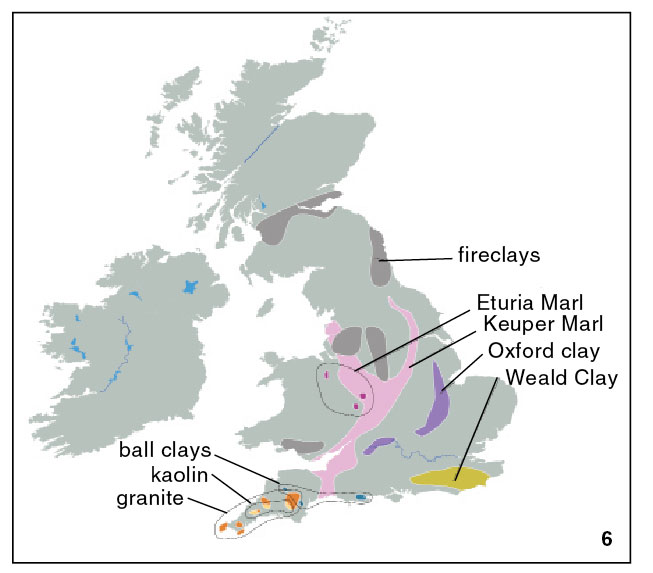 6 Map of Britain and Ireland showing commercial clay and granite deposits.