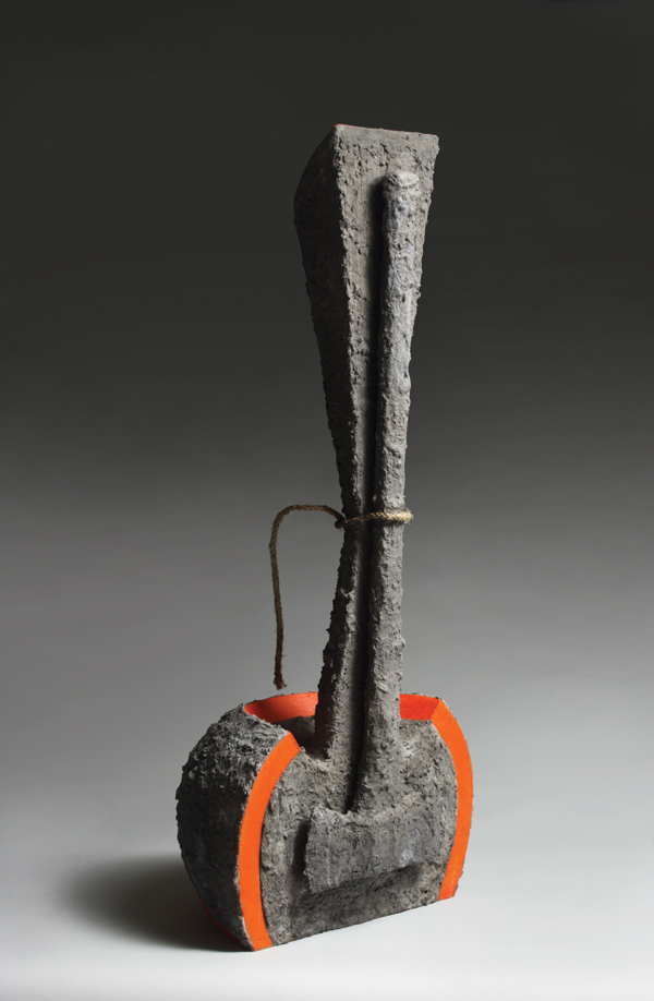 Alternate view: To Give and to Take, 3 ft. 4 in. (1 m) in height, clay, lead glaze, cement, Historical Introduction to Philosophy by Albert Hakim (ash), axe, rope, goat’s heart (ash), 2014.