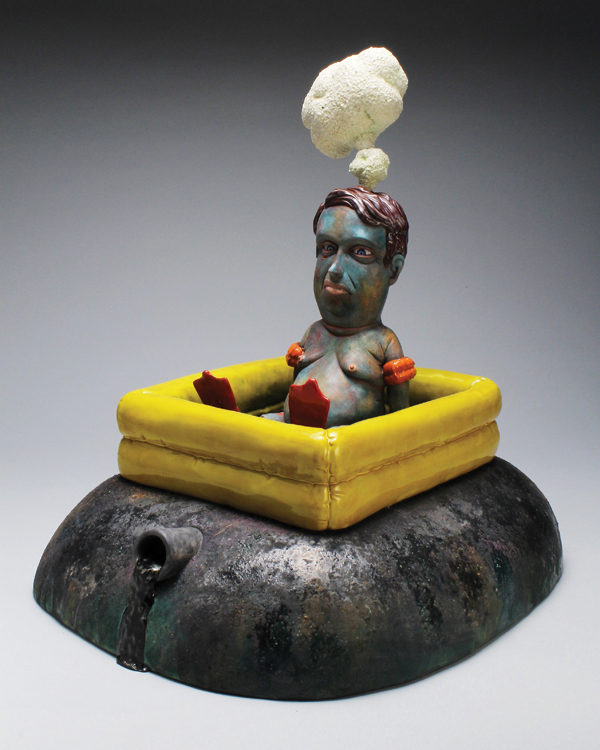 1 Anywhere But Here, 17 in. (43 cm) in height, handbuilt earthenware, terra sigilatta, glaze, stains, fired to cone 04, 2017.