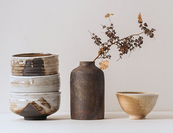 1 Tea bowls, vase, and bowl, to 7 in. (18 cm) in height, stoneware, porcelain, shino, iron wash, wood fired, 2021. Photo: Kyle Johnson.