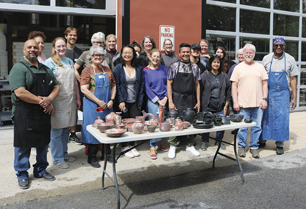 12 Summer 2023 Visiting Artist Workshop with James C. Watkins and Paul Andrew Wandless demonstrating how they use alternative firing methods and printmaking processes to address the surfaces of thrown and handbuilt clay work.